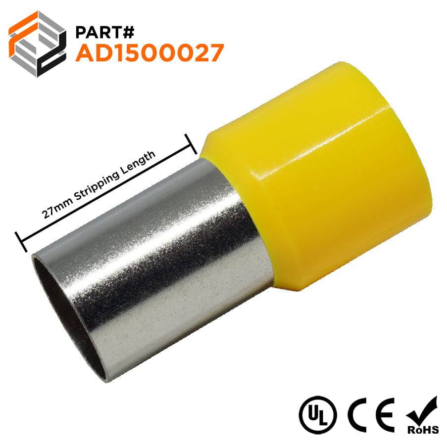 AD1500027 - 250 MCM & 300 MCM Insulated Wire Ferrules, 27mm Pin, Yellow, UL Recognized, 25 Pieces