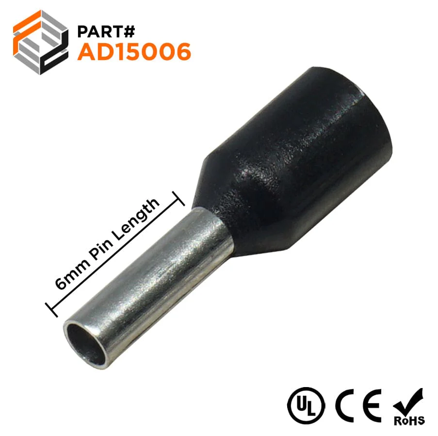 AD15006 - 16 AWG Insulated Wire Ferrules, 6mm Pin, Black, 500 Pieces