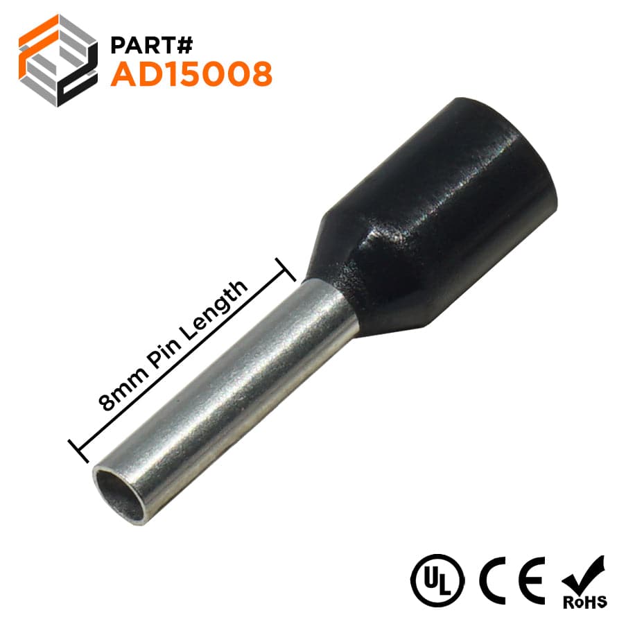 AD15008 - 16 AWG Insulated Wire Ferrules, 8mm Pin, Black, UL Recognized, 500 Pieces