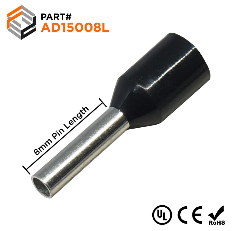 AD15008L - 16 AWG Insulated Wire Ferrules, 8mm Pin, Black, Wide Collar, UL Recognized, 500 Pieces