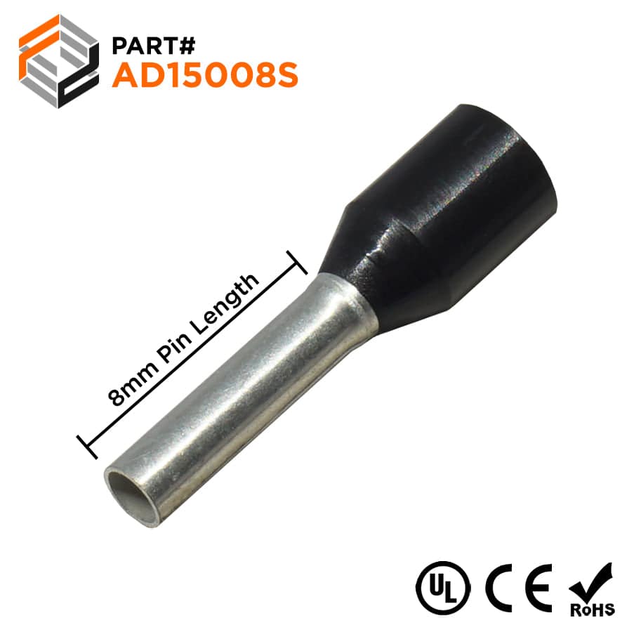 AD15008S - 16 AWG Insulated Wire Ferrules, 8mm Pin, Black, Small Collar, 500 Pieces
