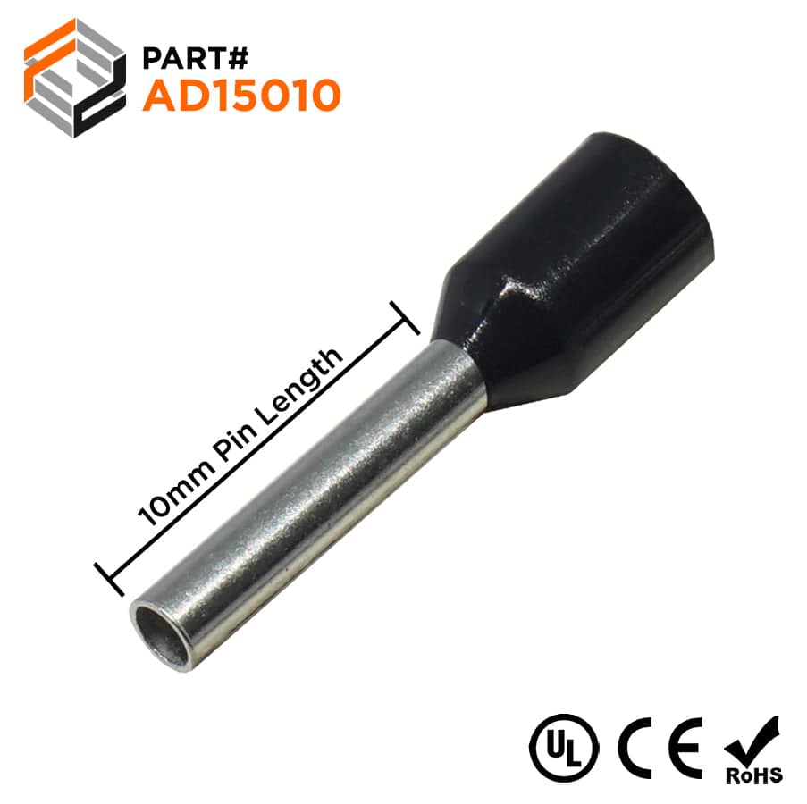 AD15010 - 16 AWG Insulated Wire Ferrules, 10mm Pin, Black, UL Recognized, 500 Pieces