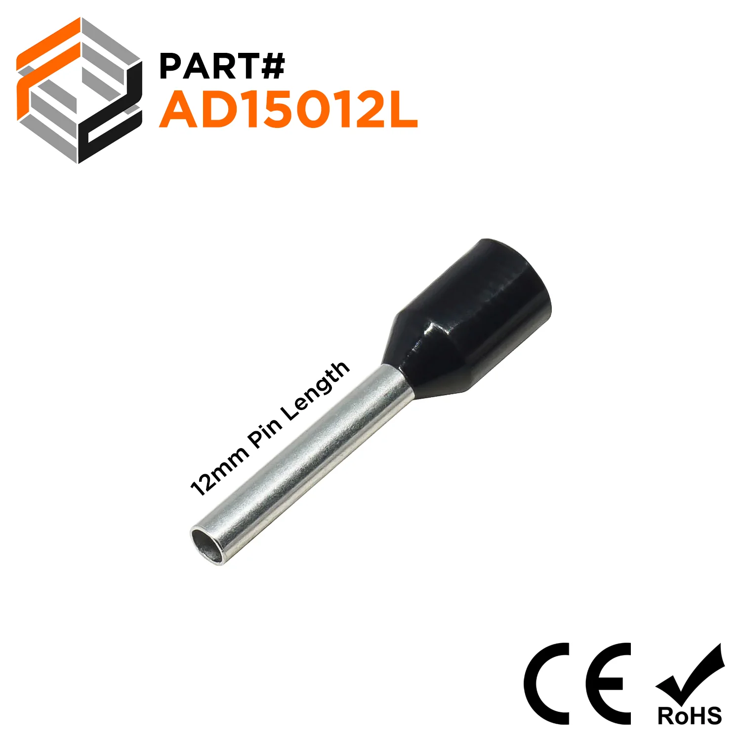 AD15012L - 16 AWG Insulated Wire Ferrules, 12mm Pin, Black, Wide Collar, 500 Pieces