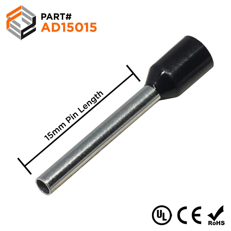 AD15015 - 16 AWG Insulated Wire Ferrules, 15mm Pin, Black, UL Recognized, 500 Pieces