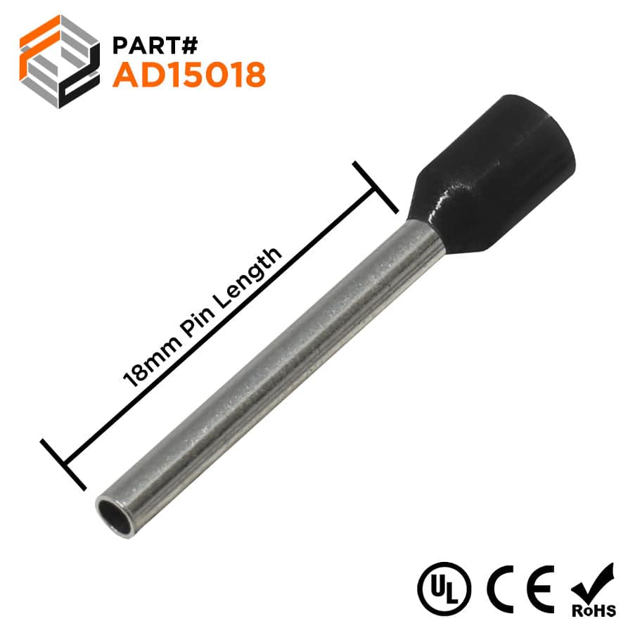 AD15018 - 16 AWG Insulated Wire Ferrules, 18mm Pin, Black, UL Recognized, 500 Pieces