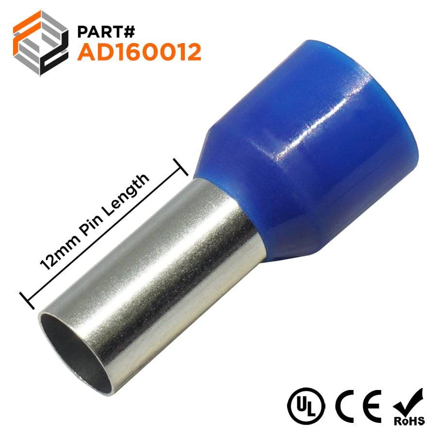 AD160012 - 6 AWG Insulated Wire Ferrules, 12mm Pin, Blue, UL Recognized, 100 Pieces