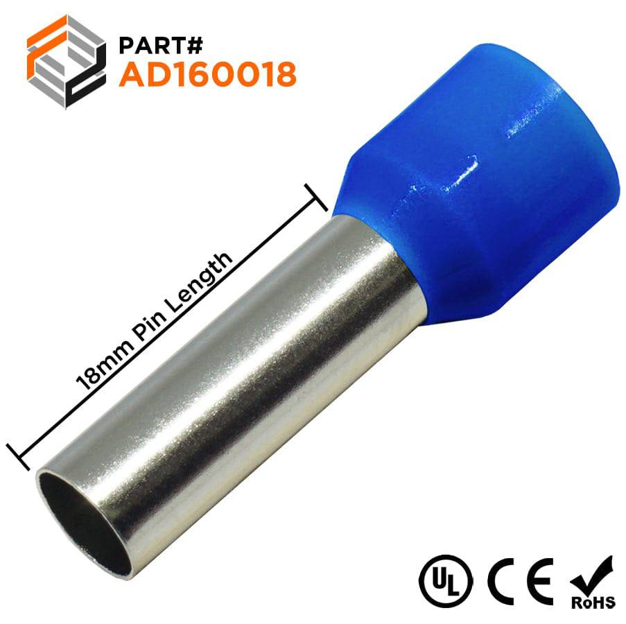 AD160018 - 6 AWG Insulated Wire Ferrules, 18mm Pin, Blue, UL Recognized, 100 Pieces