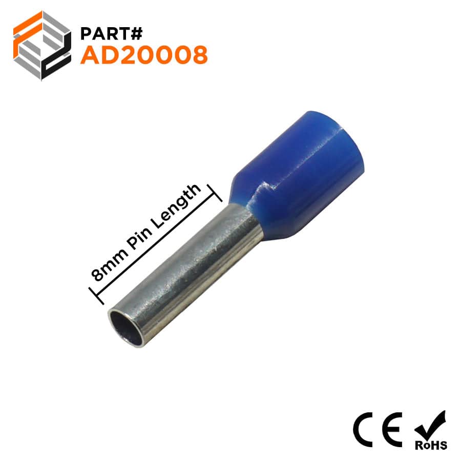 AD20008 - 14 AWG (Small Diameter) Insulated Wire Ferrules, 8mm Pin, Blue, 500 Pieces