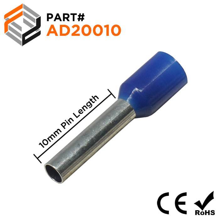 AD20010 - 14 AWG (Small Diameter) Insulated Wire Ferrules, 10mm Pin, Blue, 500 Pieces