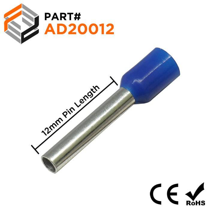 AD20012 - 14 AWG (Small Diameter) Insulated Wire Ferrules, 12mm Pin, Blue, 500 Pieces