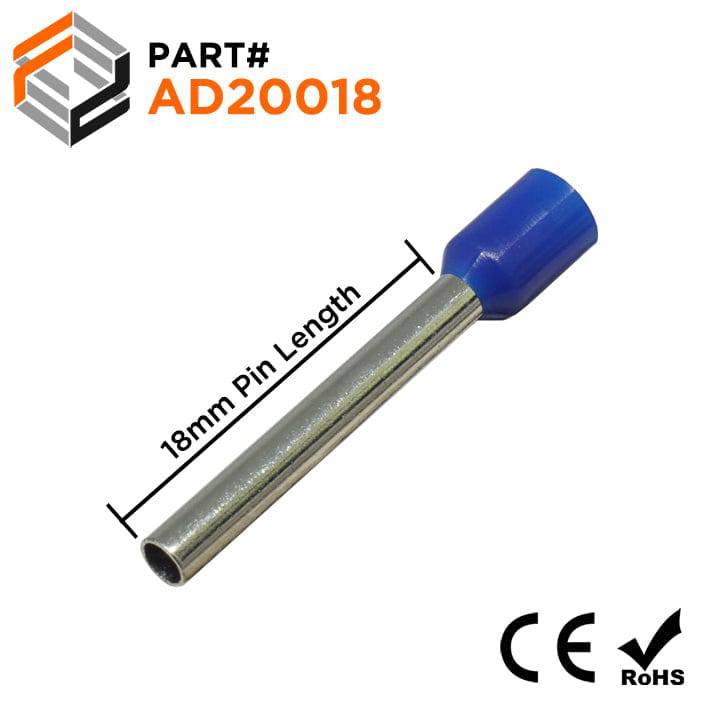 AD20018 - 14 AWG (Small Diameter) Insulated Wire Ferrules, 18mm Pin, Blue, 500 Pieces