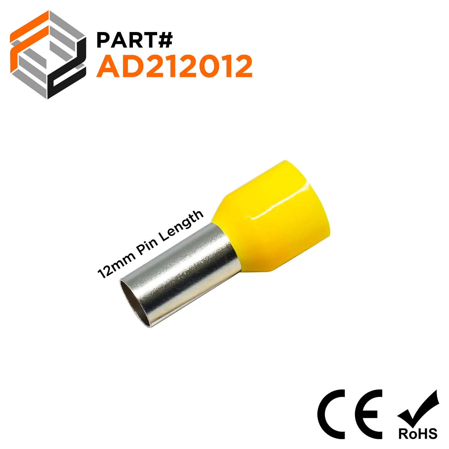 AD212012 - 4 AWG (Small Diameter) Insulated Wire Ferrules, 12mm Pin, Yellow, 100 Pieces