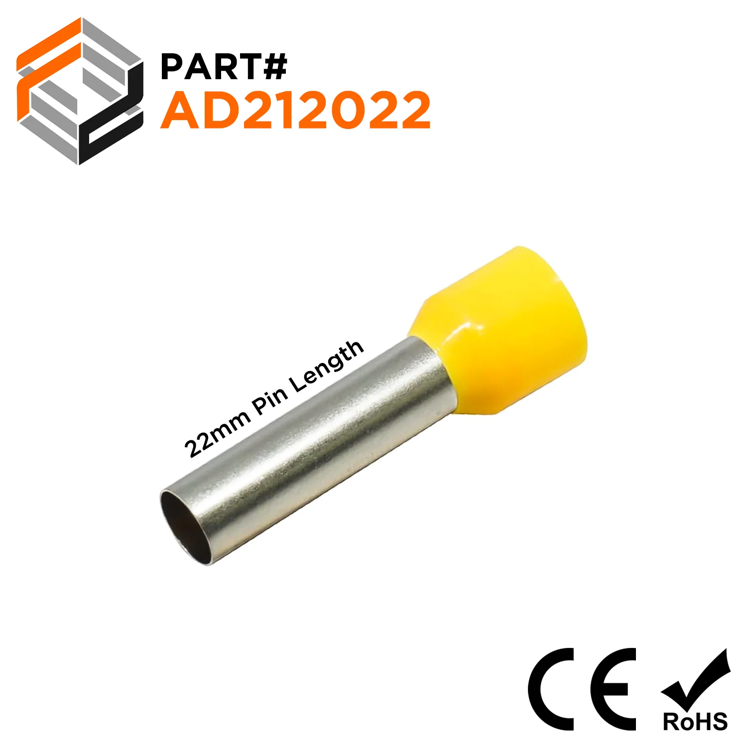 AD212022 - 4 AWG (Small Diameter) Insulated Wire Ferrules, 22mm Pin, Yellow, 100 Pieces