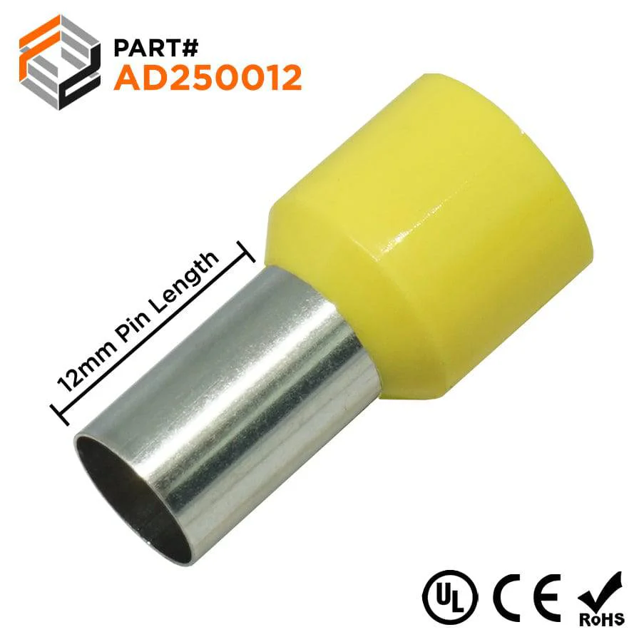AD250012 - 4 AWG Insulated Wire Ferrules, 12mm Pin, Yellow, UL Recognized, 100 Pieces