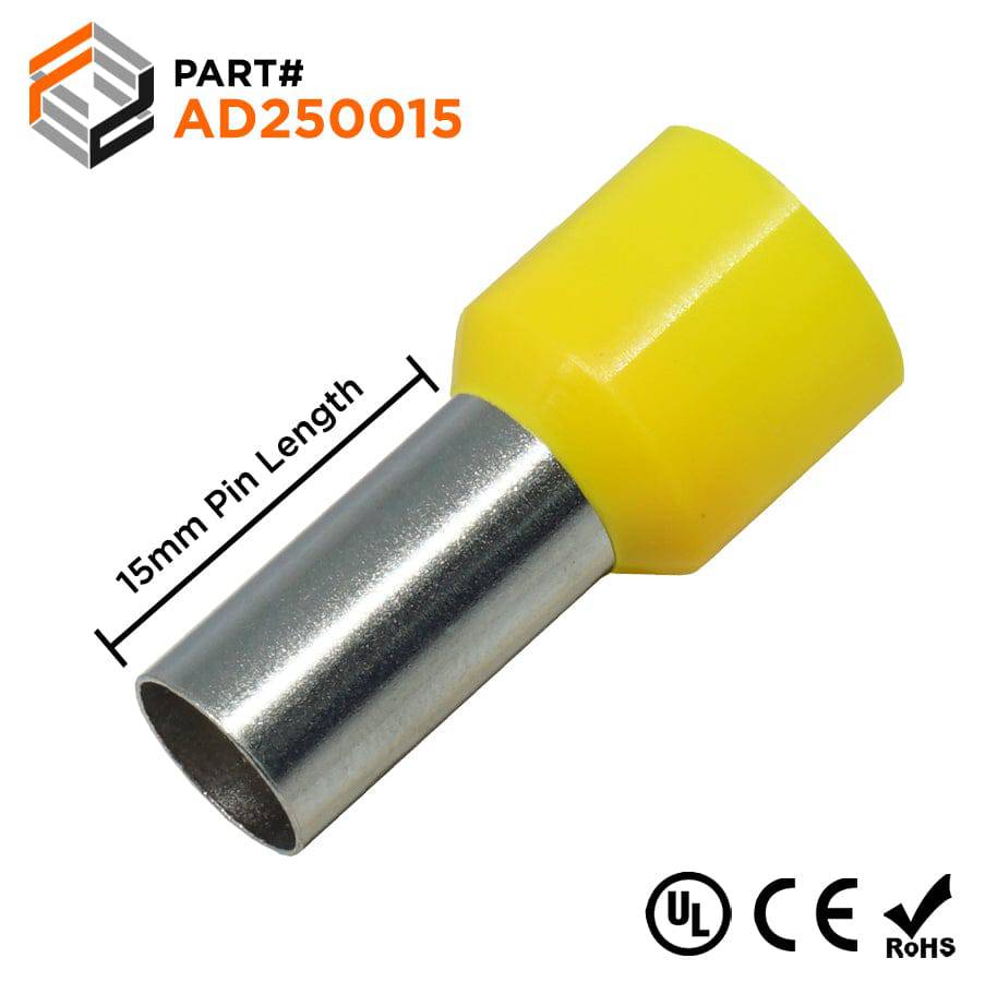 AD250015 - 4 AWG Insulated Wire Ferrules, 15mm Pin, Yellow, UL Recognized, 100 Pieces
