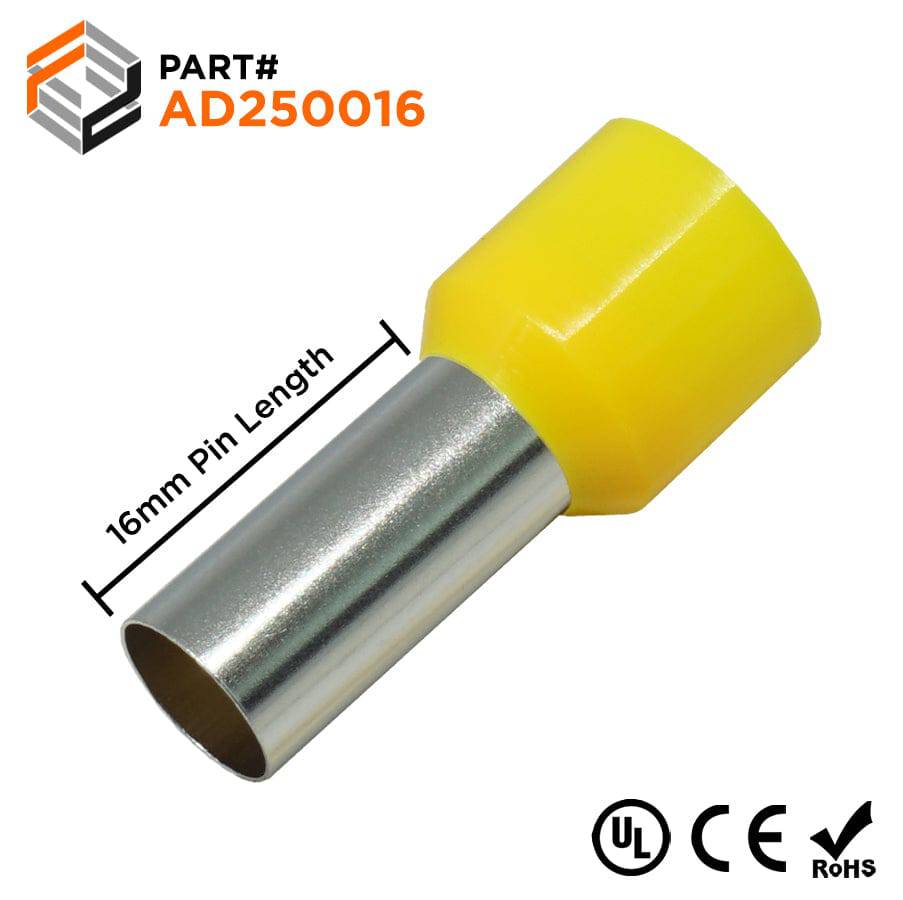 AD250016 - 4 AWG Insulated Wire Ferrules, 16mm Pin, Yellow, UL Recognized, 100 Pieces