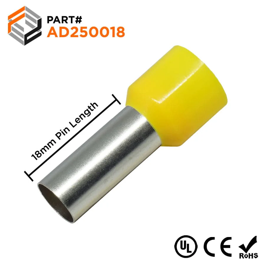 AD250018 - 4 AWG Insulated Wire Ferrules, 18mm Pin, Yellow, UL Recognized, 100 Pieces
