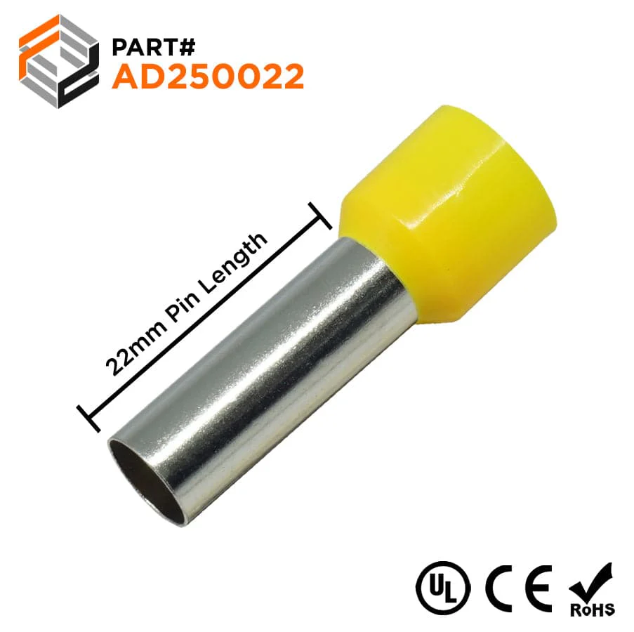 AD250022 - 4 AWG Insulated Wire Ferrules, 22mm Pin, Yellow, UL Recognized, 100 Pieces