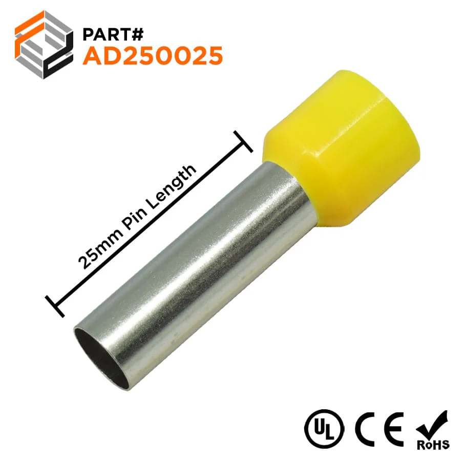 AD250025 - 4 AWG Insulated Wire Ferrules, 25mm Pin, Yellow, 100 Pieces
