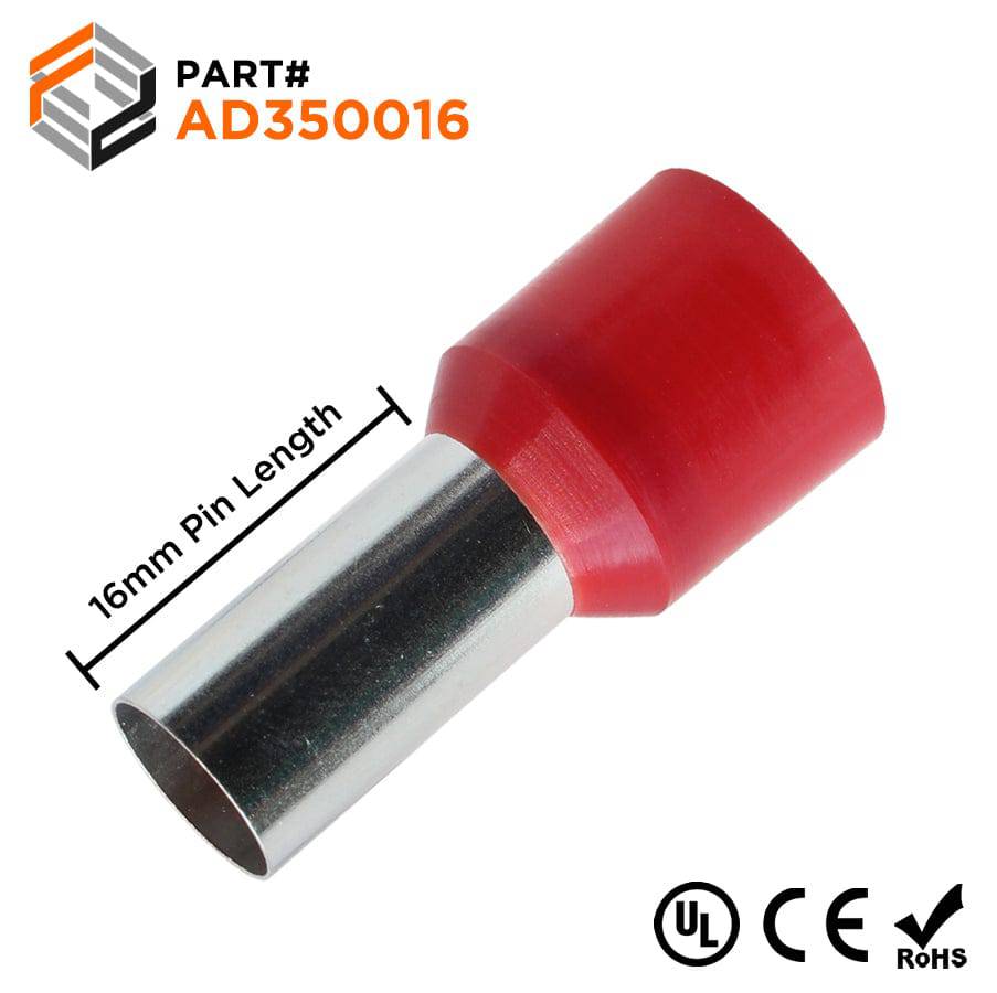 AD350016 - 2 AWG Single Insulated Wire Ferrules, 16mm Pin, Red, UL Recognized, 100 Pieces