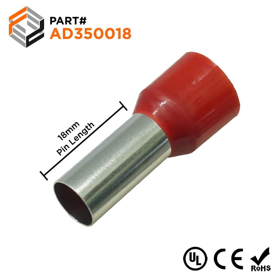 AD350018 - 2 AWG Single Insulated Wire Ferrules, 18mm Pin, Red, UL Recognized, 100 Pieces