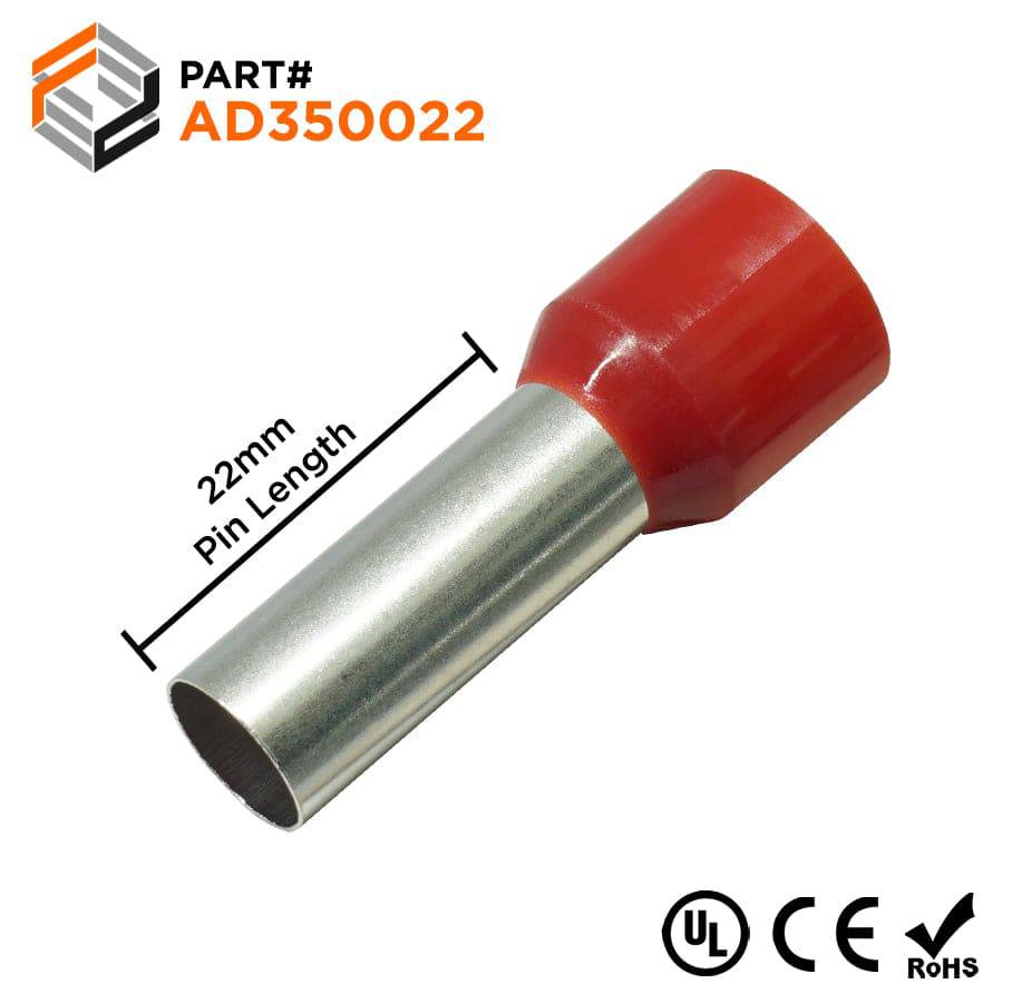AD350022 - 2 AWG Single Insulated Wire Ferrules, 22mm Pin, Red, UL Recognized, 100 Pieces