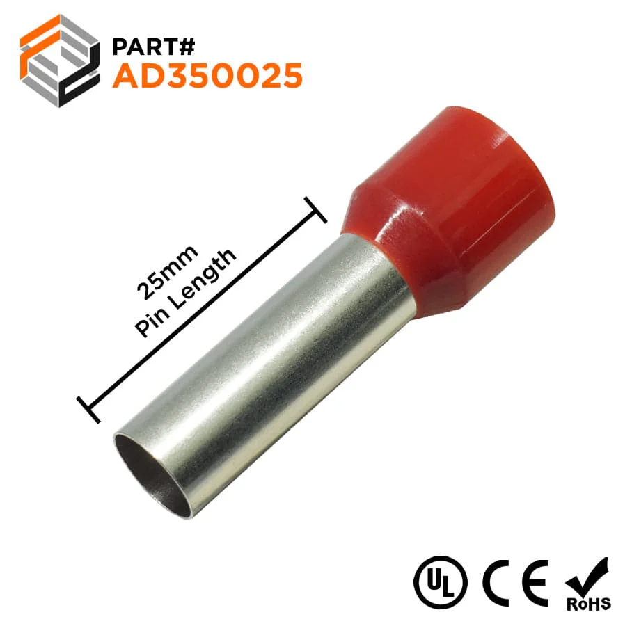 AD350025 - 2 AWG Single Insulated Wire Ferrules, 25mm Pin, Red, UL Recognized, 100 Pieces