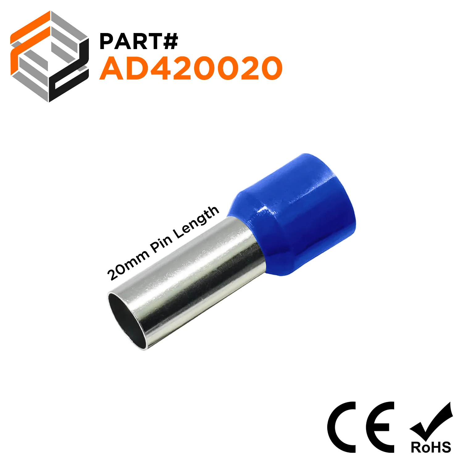AD420020 - 1 AWG (Small Diameter) Insulated Wire Ferrules, 20mm Pin, Blue, 50 Pieces