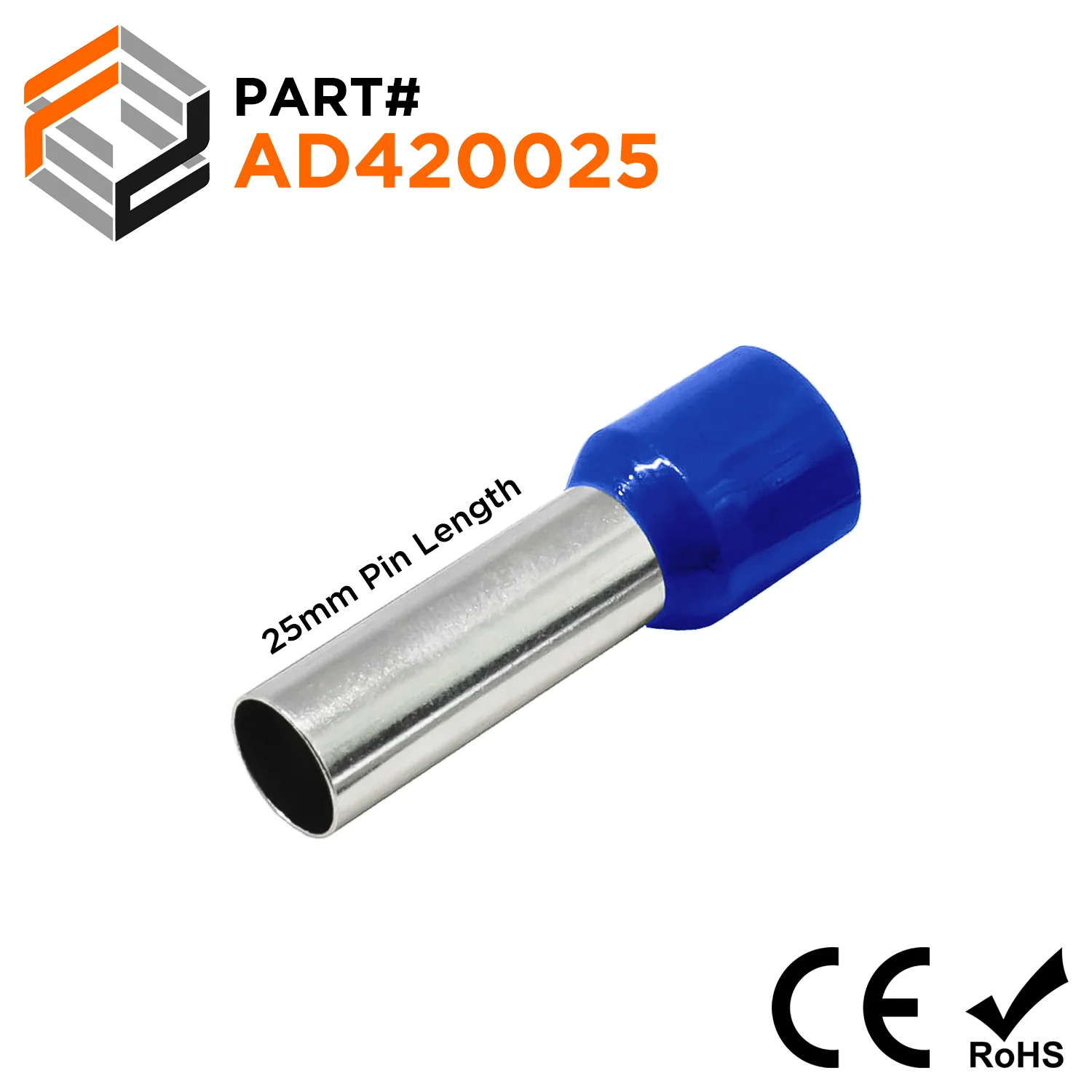 AD420025 - 1 AWG (Small Diameter) Insulated Wire Ferrules, 25mm Pin, Blue, 50 Pieces