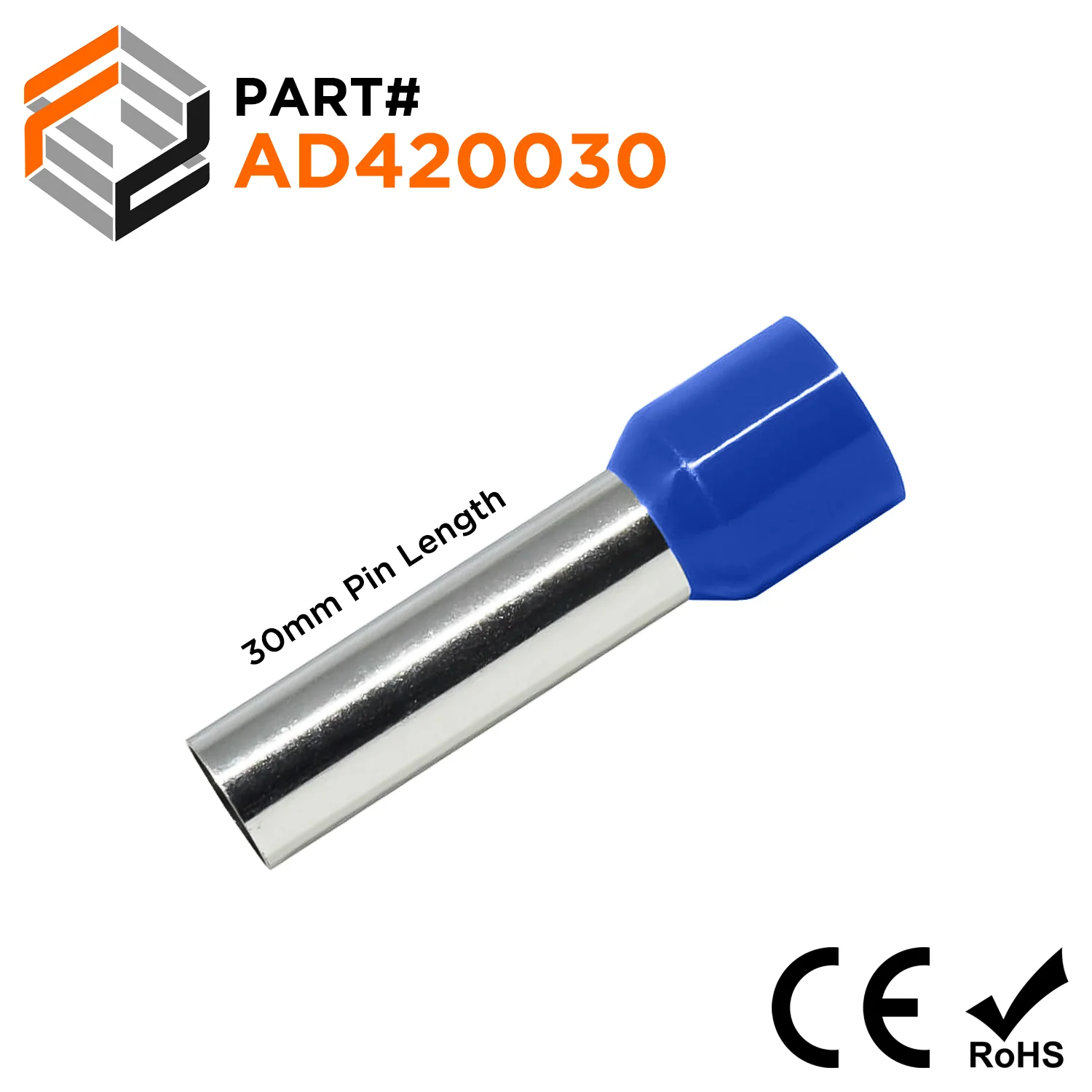 AD420030 - 1 AWG (Small Diameter) Insulated Wire Ferrules, 30mm Pin, Blue, 50 Pieces