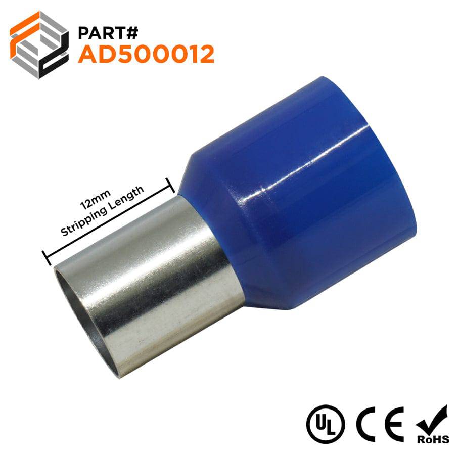 AD500012 - 1 AWG Single Insulated Wire Ferrules, 12mm Pin, Blue, UL Recognized, 50 Pieces