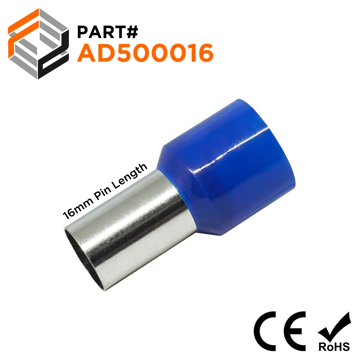 AD500016 - 1 AWG Single Insulated Wire Ferrules, 16mm Pin, Blue, 50 Pieces