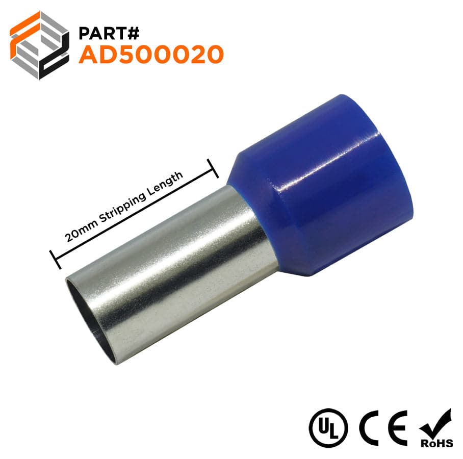 AD500020 - 1 AWG Single Insulated Wire Ferrules, 20mm Pin, Blue, UL Recognized, 50 Pieces