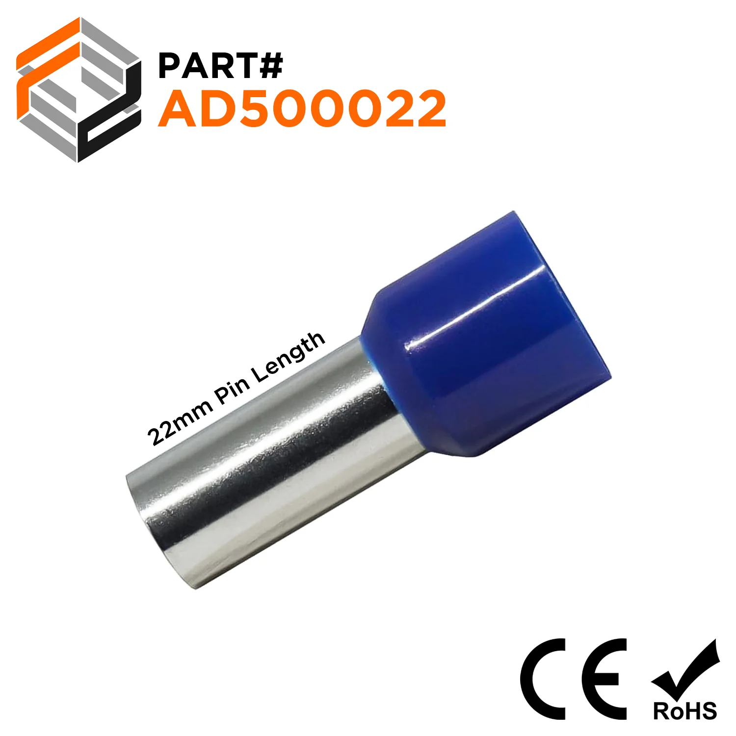 AD500022 - 1 AWG Single Insulated Wire Ferrules, 22mm Pin, Blue, 50 Pieces