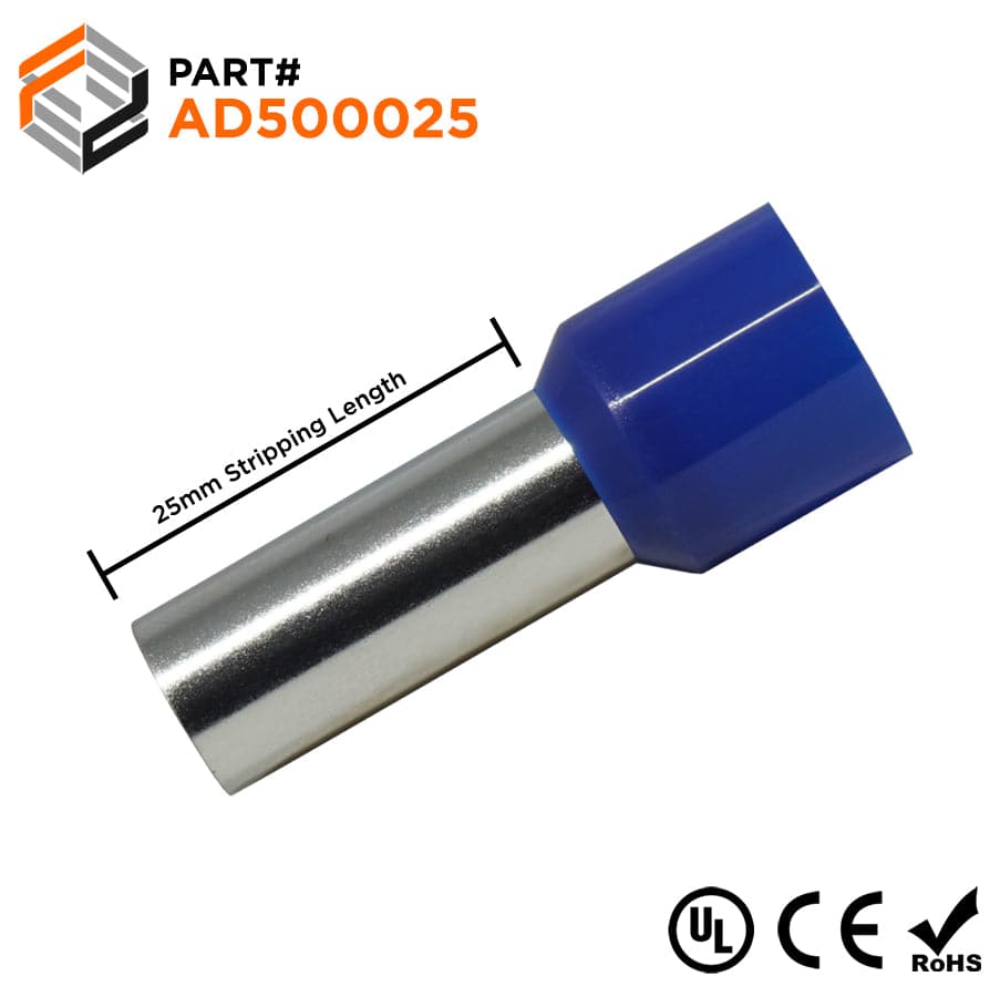 AD500025 - 1 AWG Single Insulated Wire Ferrules, 25mm Pin, Blue, UL Recognized, 50 Pieces