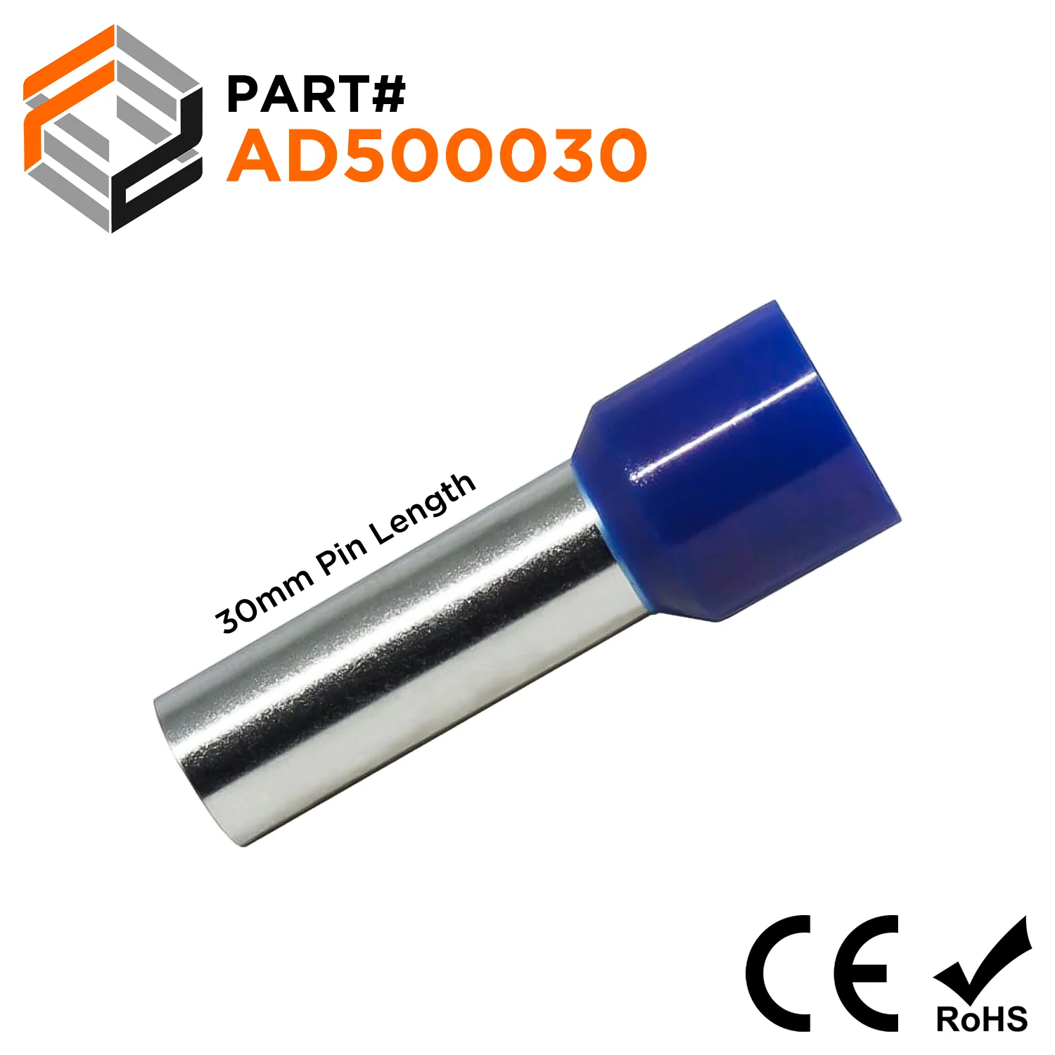 AD500030 - 1 AWG Single Insulated Wire Ferrules, 30mm Pin, Blue, 50 Pieces