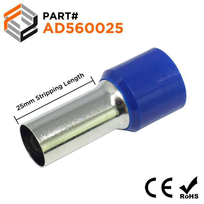 AD560025 - 0 & 1/0 AWG Single Insulated Wire Ferrules, 25mm Pin, Blue, 25 Pieces