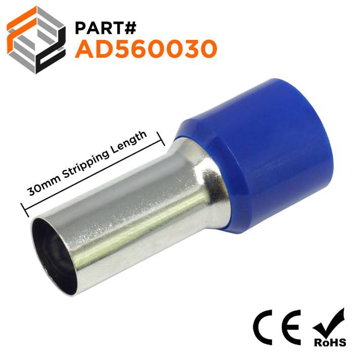 AD560030 - 0 & 1/0 AWG Single Insulated Wire Ferrules, 30mm Pin, Blue, 25 Pieces