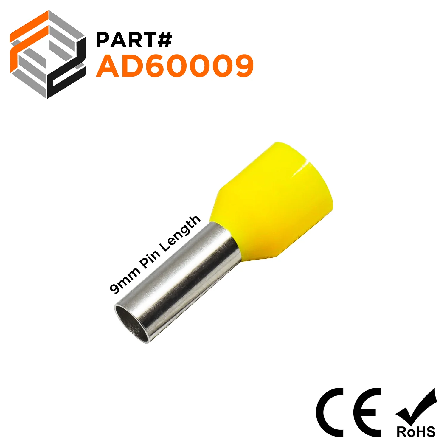 AD60009 - 10 AWG Insulated Wire Ferrules, 9mm Pin, Yellow, 100 pieces