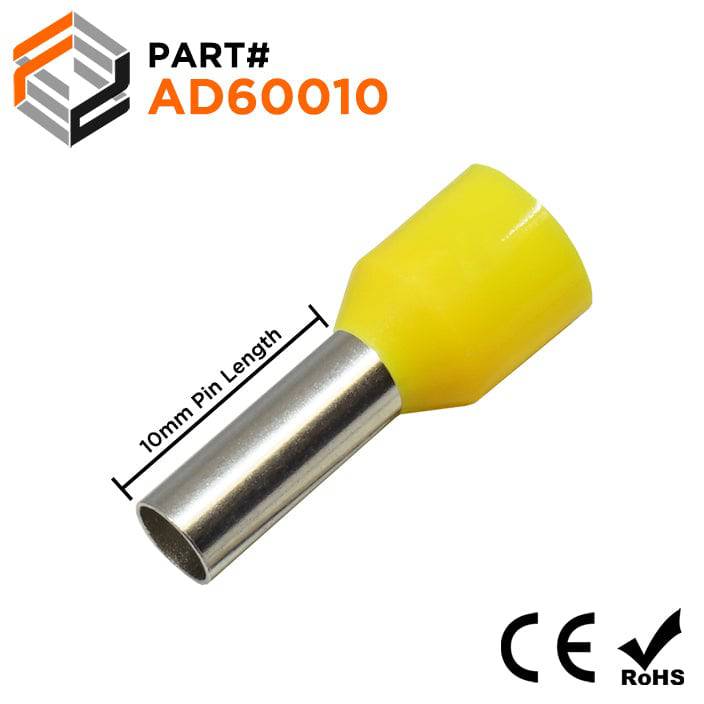 AD60010 - 10 AWG Insulated Wire Ferrules, 10mm Pin, Yellow, 100 Pieces