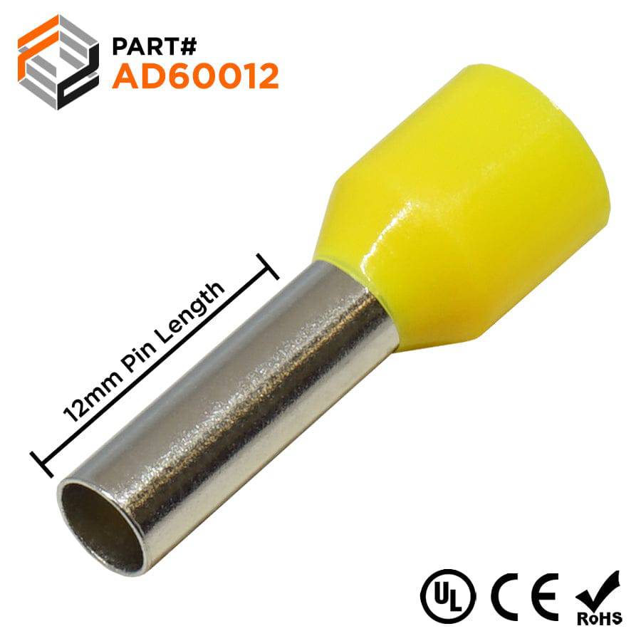 AD60012 - 10 AWG Insulated Wire Ferrules, 12mm Pin, Yellow, UL Recognized, 100 Pieces