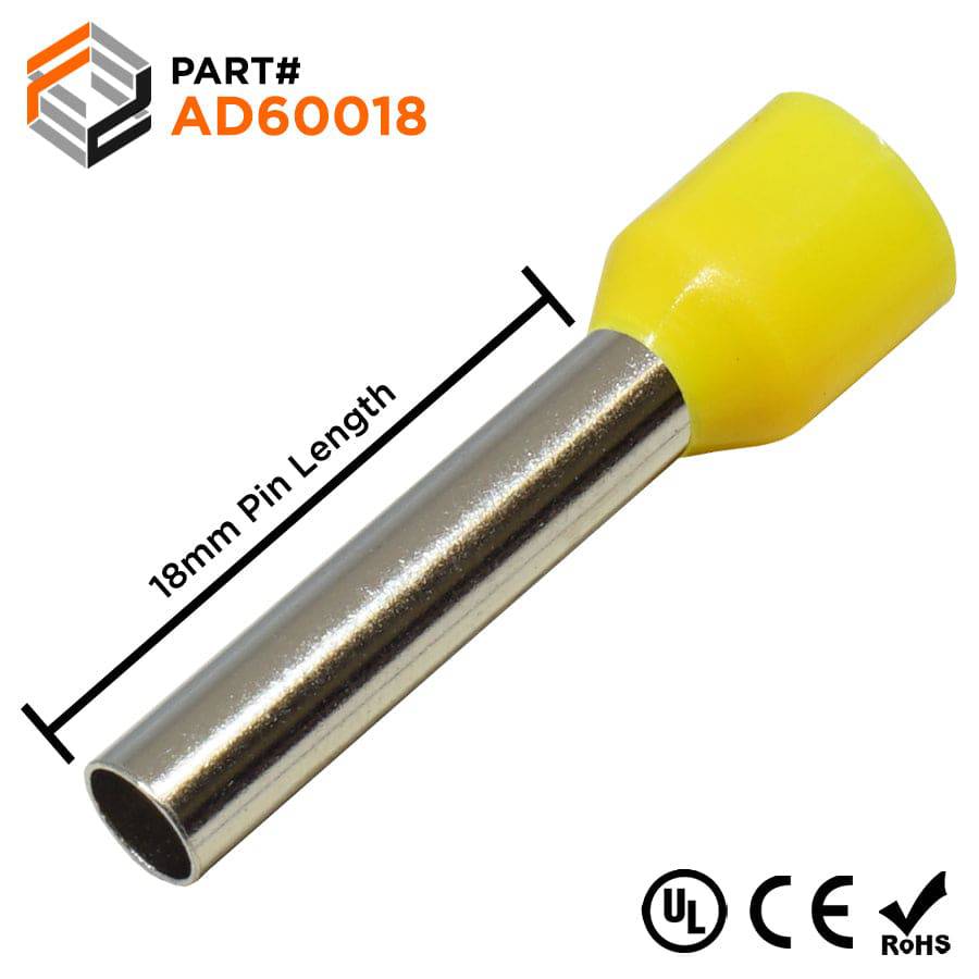 AD60018 - 10 AWG Insulated Wire Ferrules, 18mm Pin, Yellow, UL Recognized, 100 Pieces