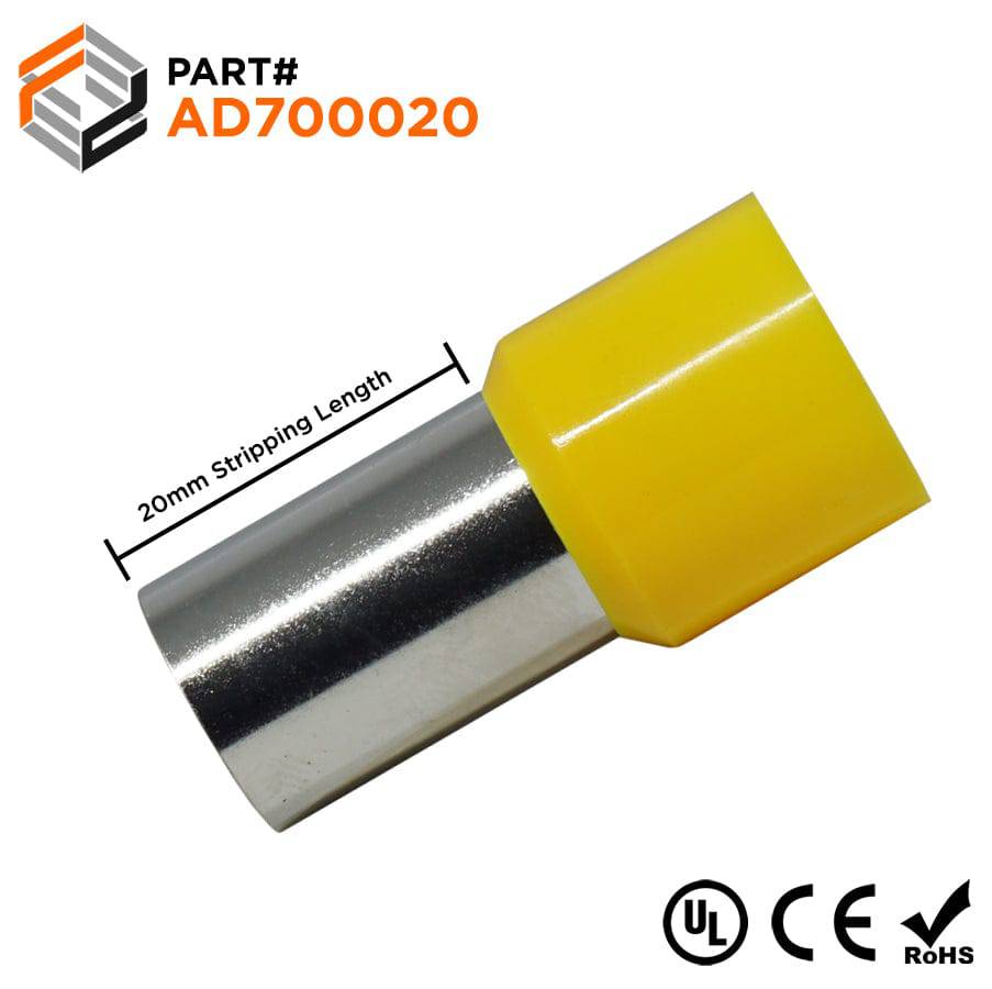 AD700020 - 2/0 AWG Single Insulated Wire Ferrules, 20mm Pin, Yellow, UL Recognized, 25 Pieces