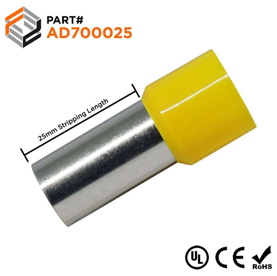 AD700025 - 2/0 AWG Single Insulated Wire Ferrules, 25mm Pin, Yellow, UL Recognized, 25 Pieces