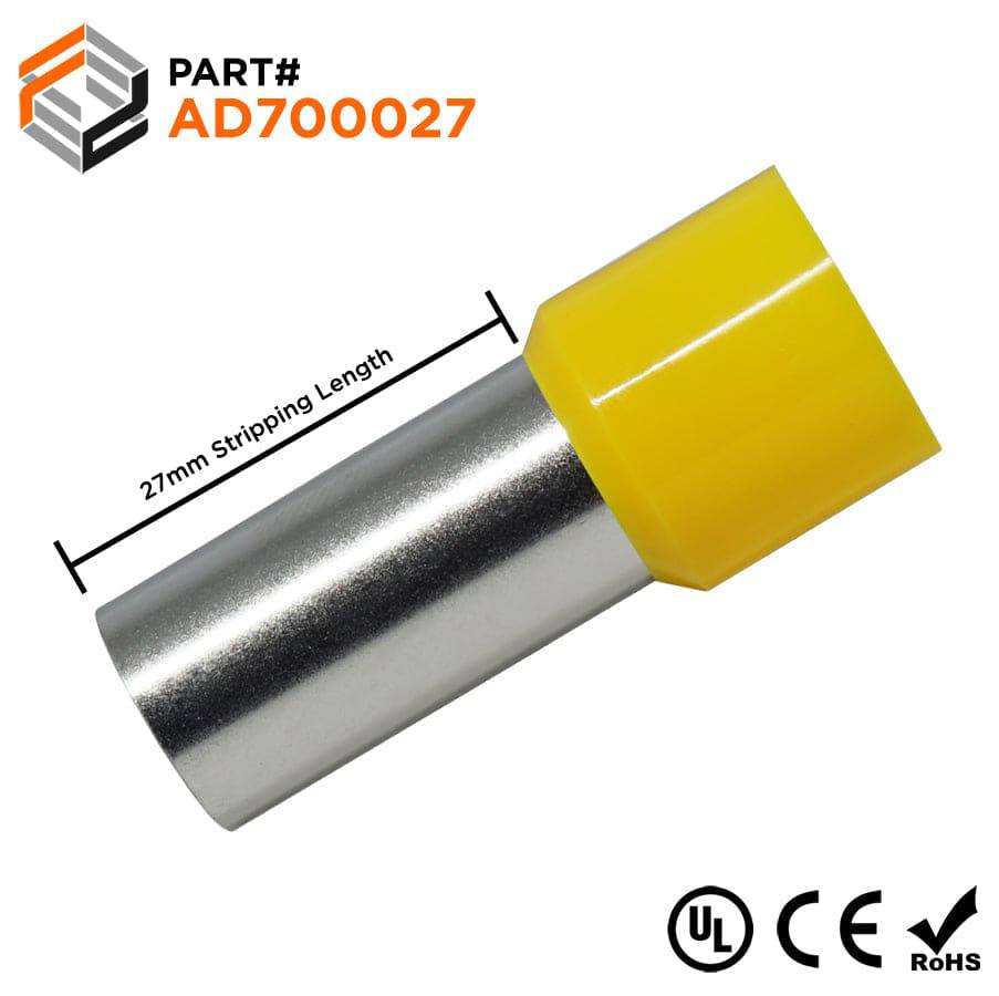 AD700027 - 2/0 AWG Single Insulated Wire Ferrules, 27mm Pin, Yellow, UL Recognized, 25 Pieces