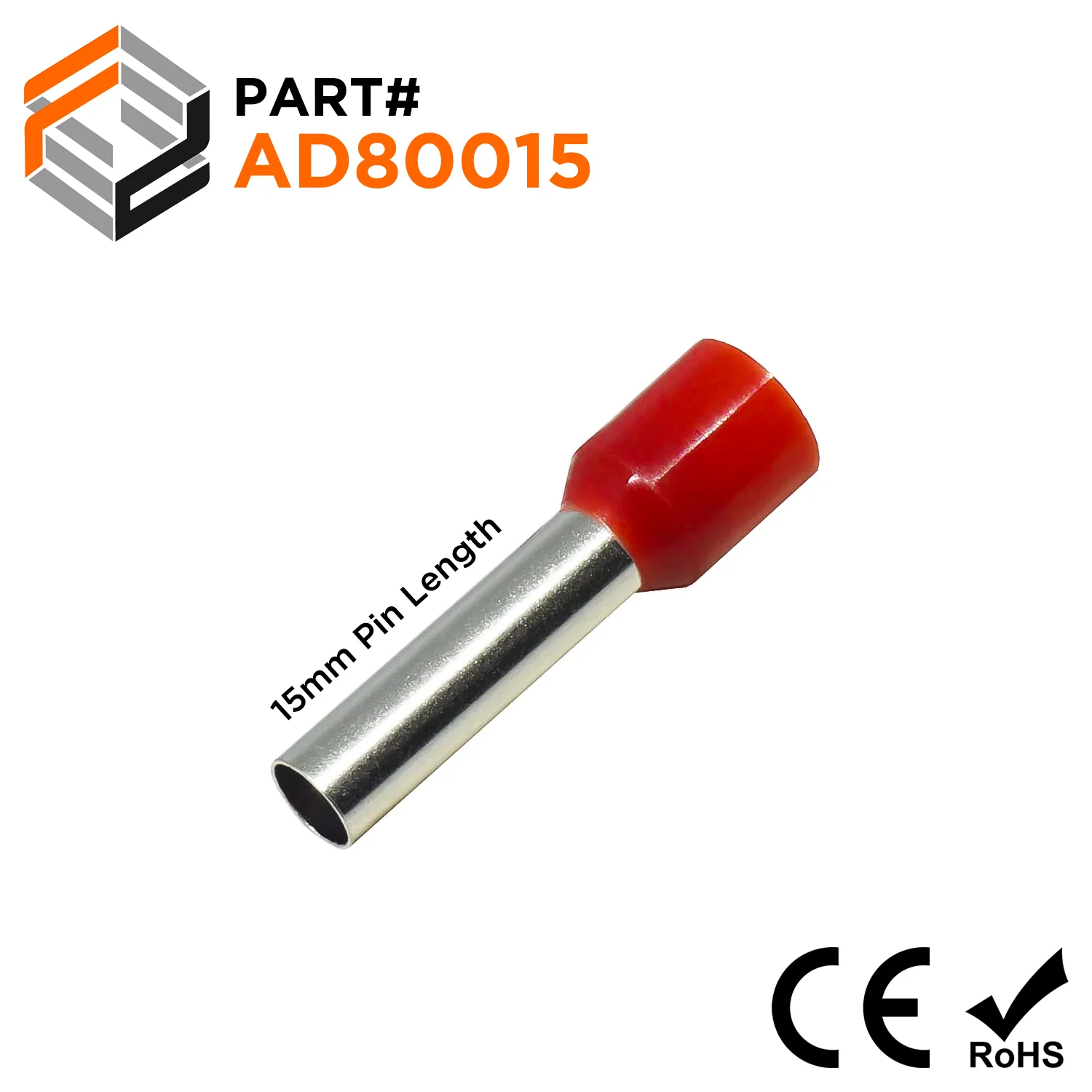 AD80015 - 8 AWG (Small Diameter) Insulated Wire Ferrules, 15mm Pin, Red, 100 Pieces