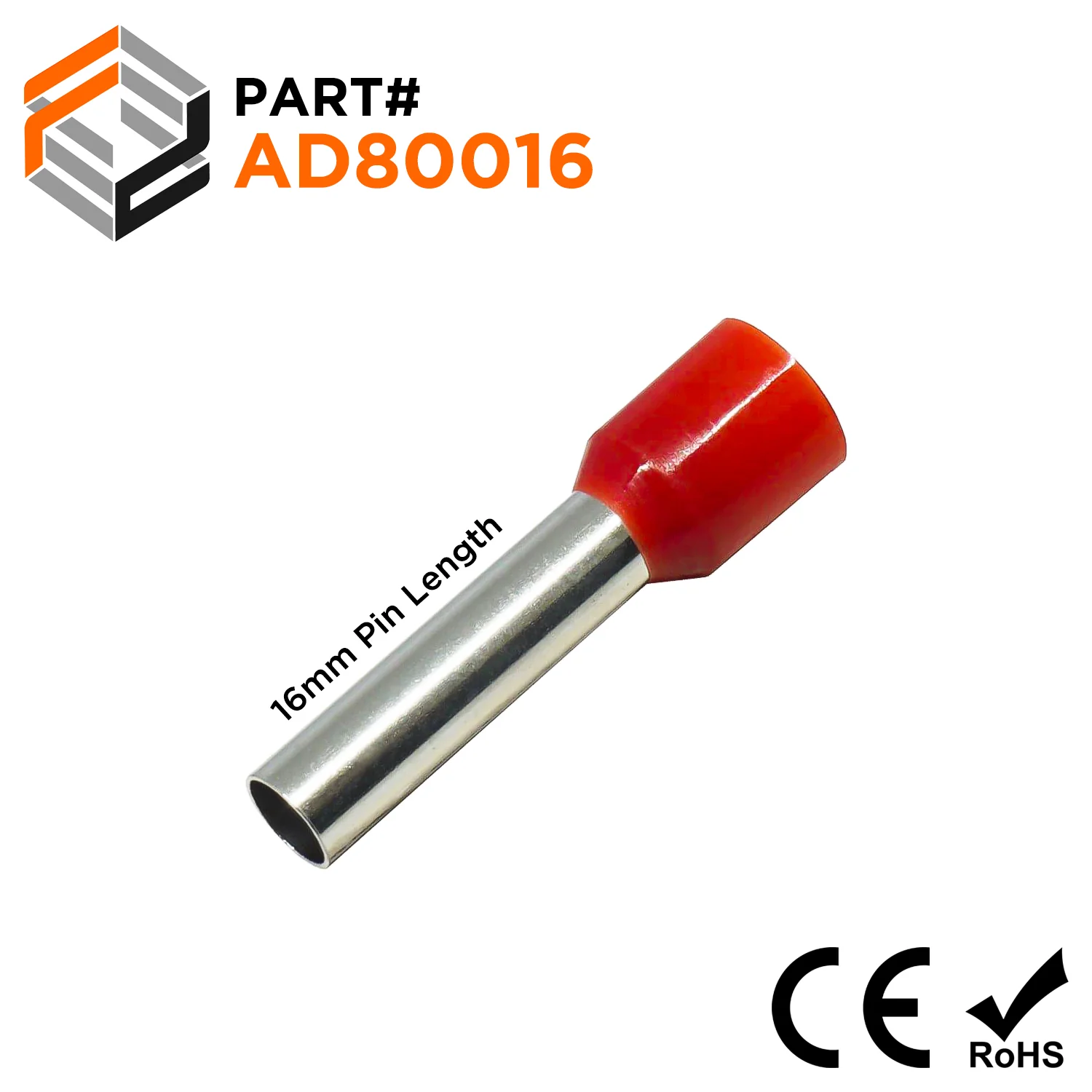 AD80016 - 8 AWG (Small Diameter) Insulated Wire Ferrules, 16mm Pin, Red, 100 Pieces