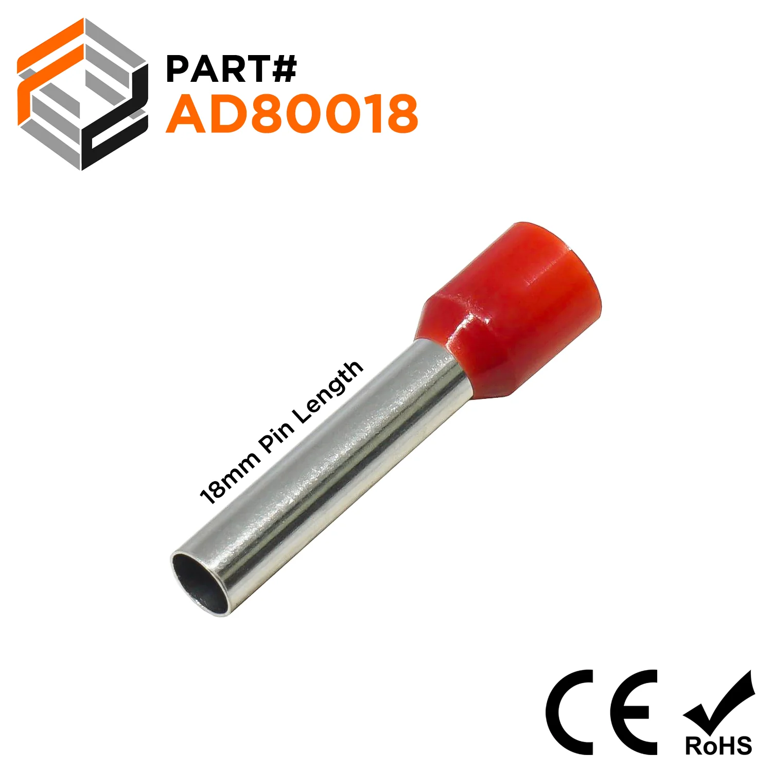 AD80018 - 8 AWG (Small Diameter) Insulated Wire Ferrules, 18mm Pin, Red, 100 Pieces