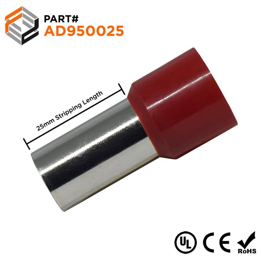 AD950025 - 3/0 AWG Single Insulated Wire Ferrules, 25mm Pin, Red, UL Recognized, 25 Pieces