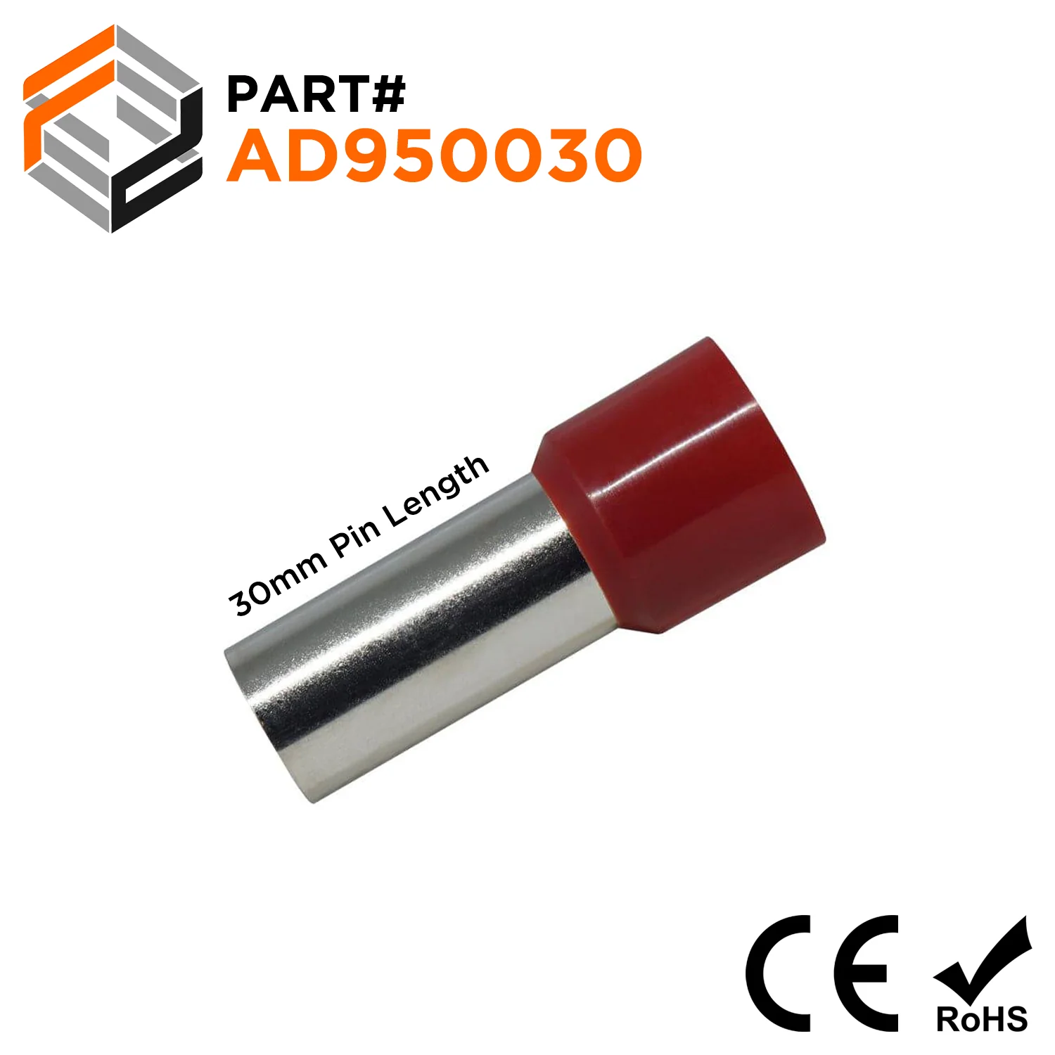 AD950030 - 3/0 AWG Single Insulated Wire Ferrules, 30mm Pin, Red, 25 Pieces